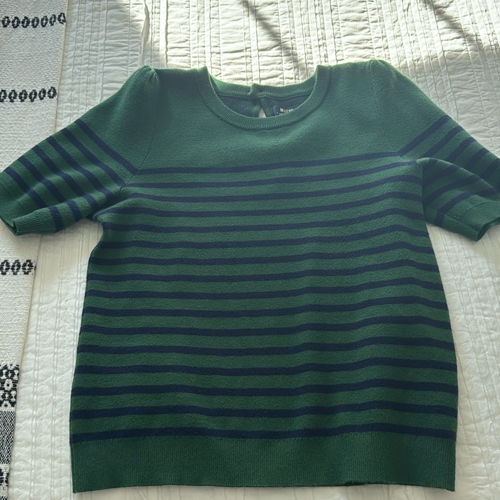 Maeve Green and Navy Striped Short-Sleeve Crewneck Sweater